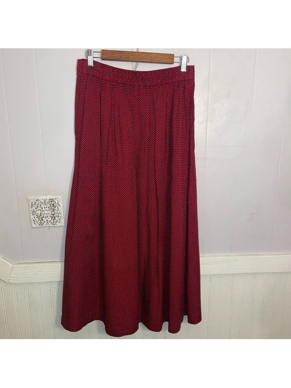 Vintage 90s Bechamel Red Geometric Rayon Midi Skirt High Waist Button Detail Cot - Picture 6 of 11